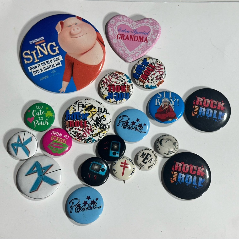 Collectible Vintage Pinbacks Anime FDA MEA ALA Rock & Roll. Grandma & More 19 pc